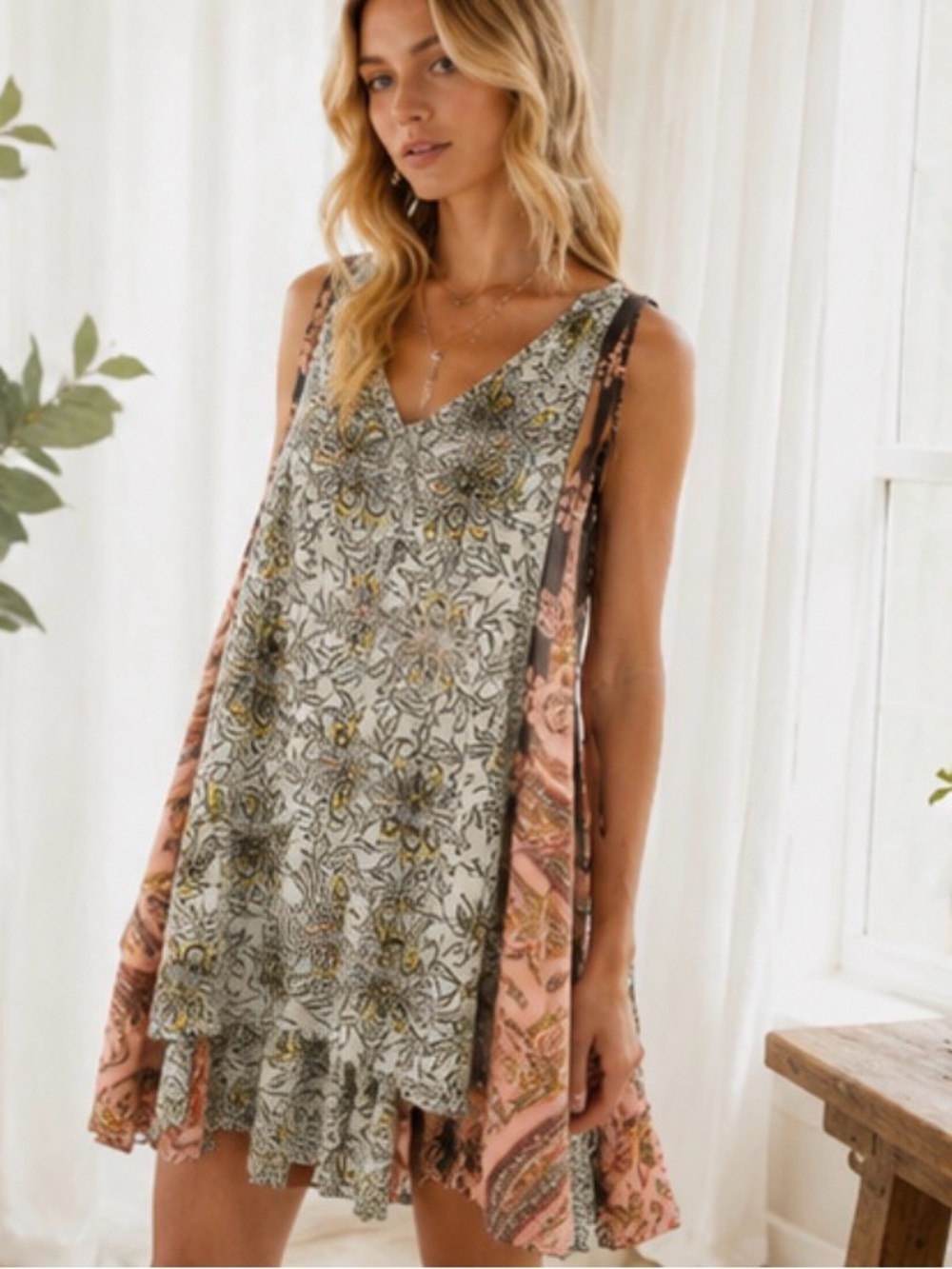 Free People Mixed Print Lace Trim Tunic Dress